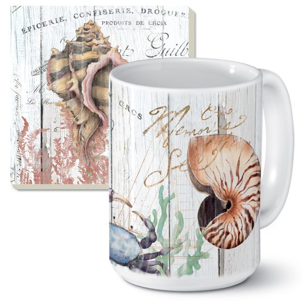 ! 2-pc Ceramic Microwave Safe  Mugs Coastal Shoreline Shells