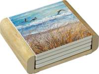 Beach Watch Coastal 4 Stone Coasters and Wood Holder