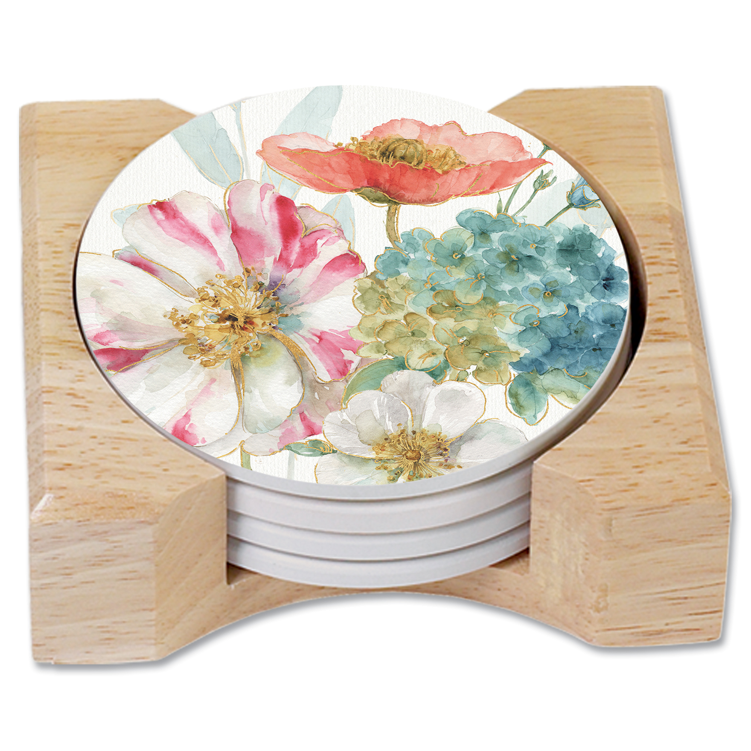4 Floral Stone Coasters w/Holder Rainbow Seeds