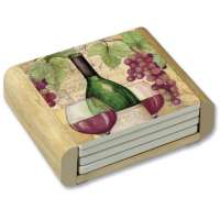 * 4 Cork-Backed Stone Coasters w/Holder Wine Country