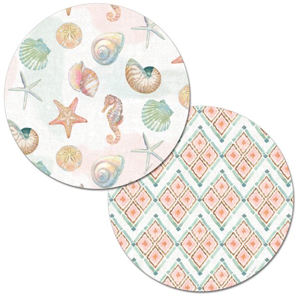 ! 4 Reversible Round Placemats Beach Shells Watercolor Coast